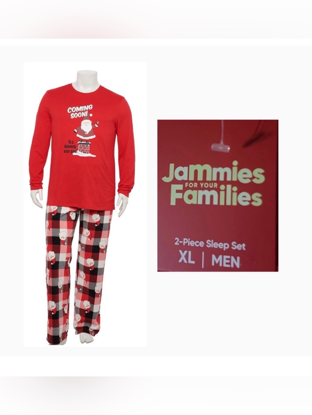 Men’s pajamas Santa is Coming Fleece red plaid 2piece set XL